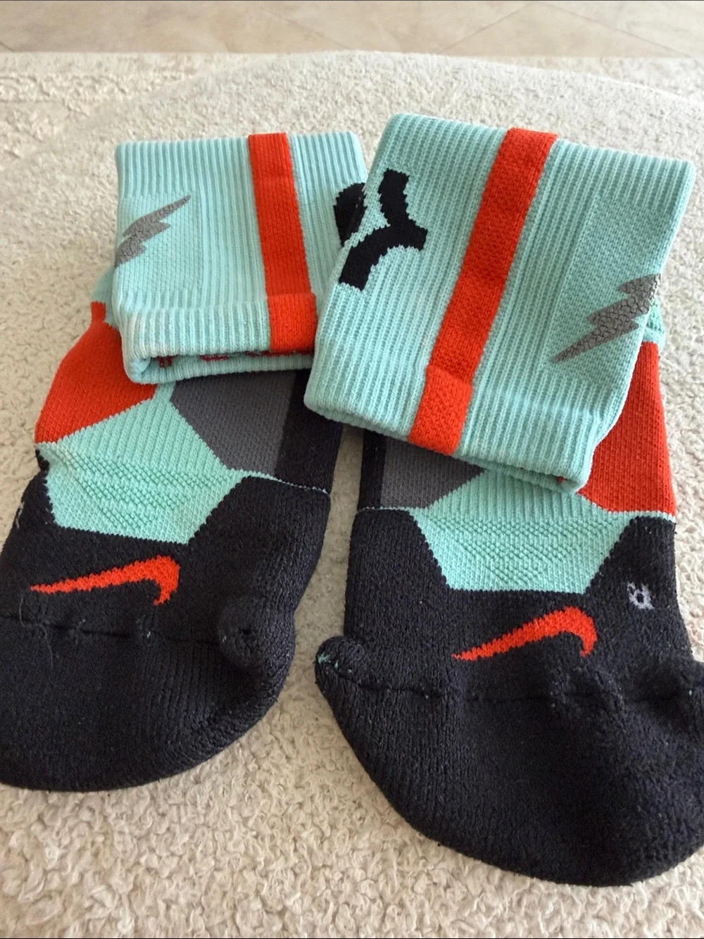 Nike KD kids Mint Green and Black Athletic Crew Socks with Orange Accents